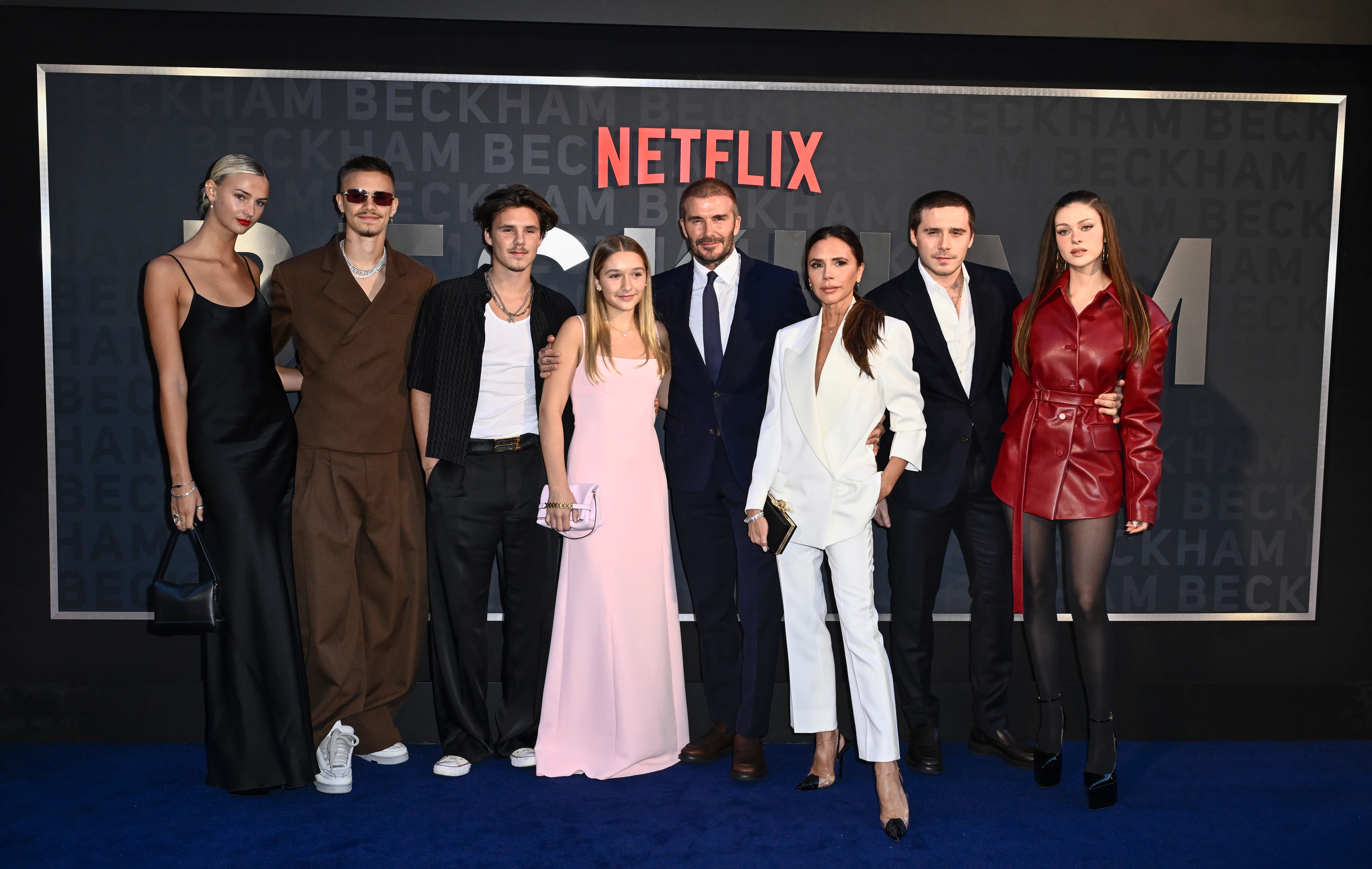 Mia Regan, Romeo Beckham, Cruz Beckham, Harper Beckham, David Beckham, Victoria Beckham, Brooklyn Peltz Beckham and Nicola Peltz Beckham attending the Netflix 'Beckham' UK Premiere.