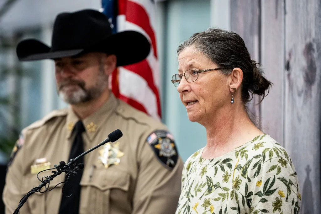 Laura Ann Aime's sister, Michelle Impala speaks at a news conference in Utah County, on April 1, 2026.