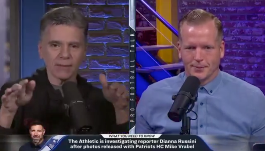 Mike Florio discussing the Dianna Russini controversy while Chris Simms listens on Pro Football Talk.
