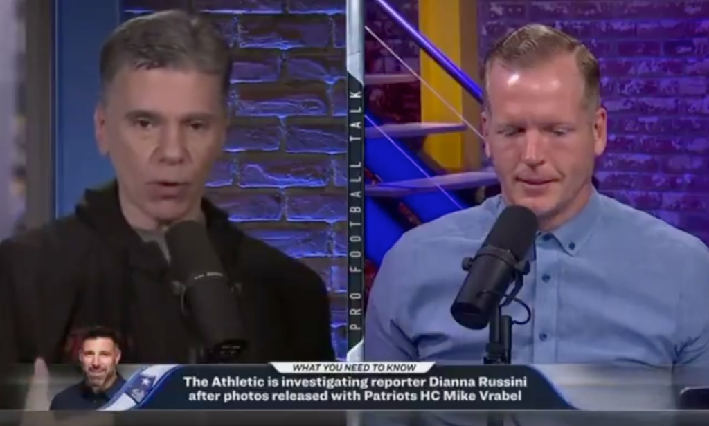 Mike Florio cutting off Chris Simms during a discussion about Dianna Russini and Mike Vrabel.