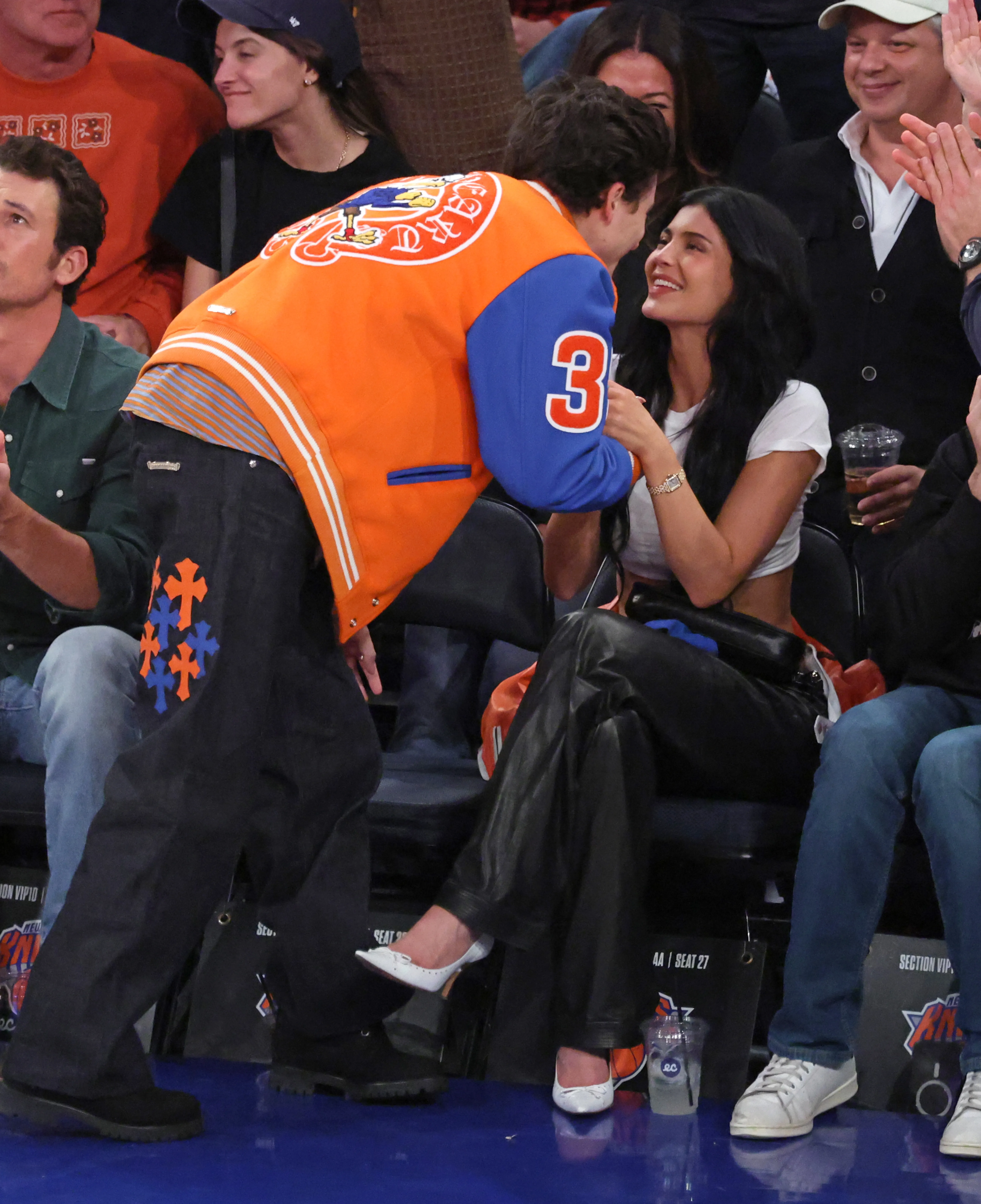 Timothée Chalamet kissing Kylie Jenner at the 81st Golden Globe Awards.