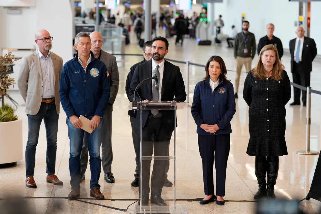 New York City mayor Zohran Mamdani speaks during a news conference with Department of Transportation Secretary Sean Duffy, New York Gov. Kathy Hochul, and Port Authority Executive Director Kathryn Garcia at LaGuardia Airport.