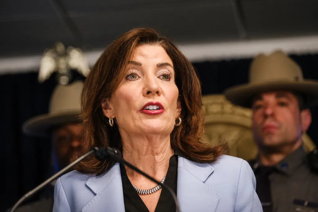 New York Governor Kathy Hochul speaks at a press conference.