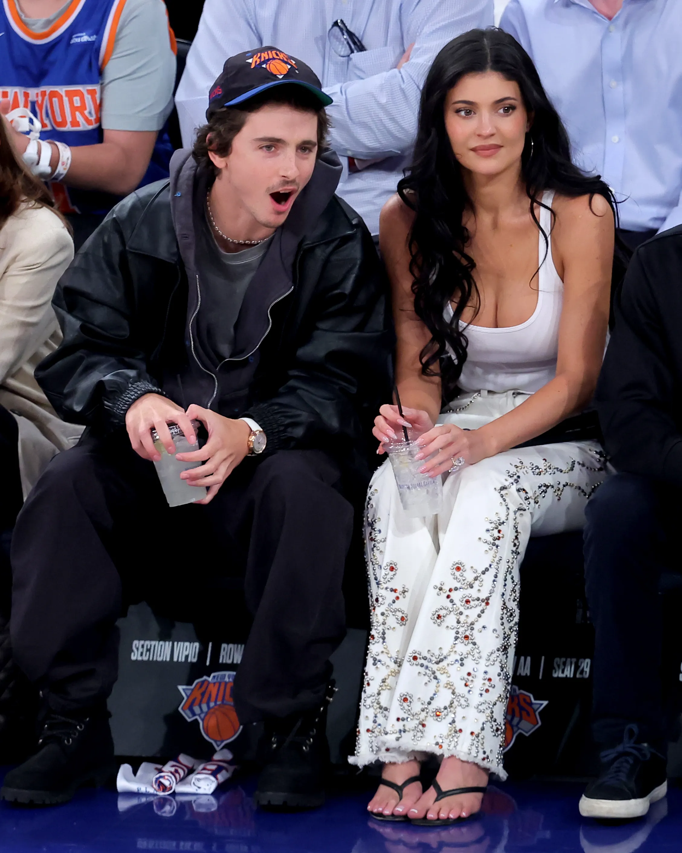 Timothee Chalamet and Kylie Jenner courtside at an NBA Playoffs game between the New York Knicks and Atlanta Hawks.