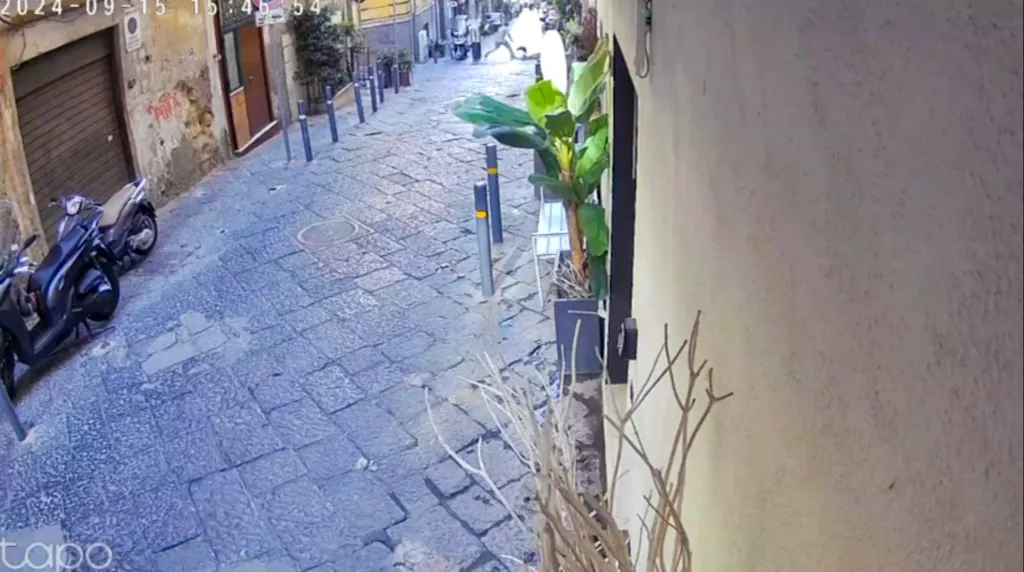 Surveillance footage showing a person falling on a cobbled street in Naples, Italy.
