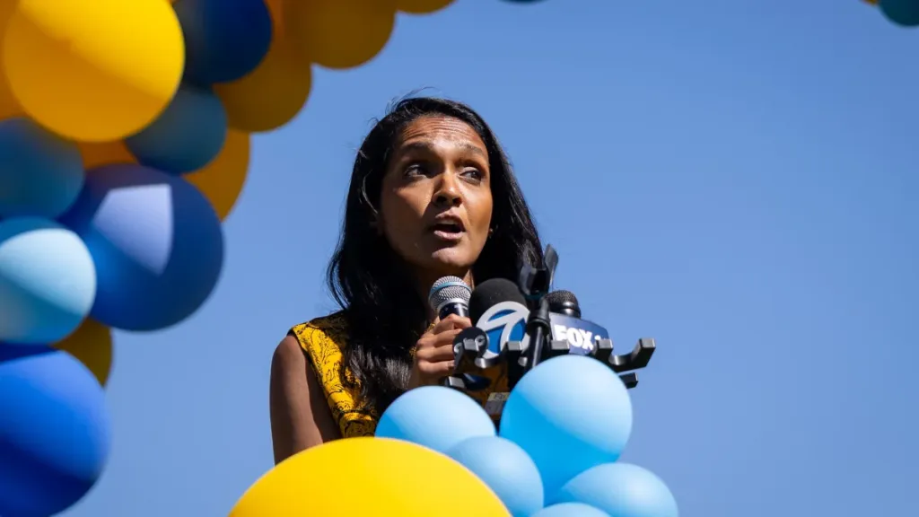 Nthya Raman speaks at a campaign event for LA Mayor.