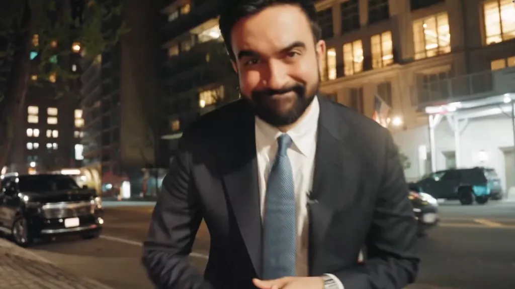 New York City Mayor Zohran Kwame Mamdani, smiling on a city street at night.