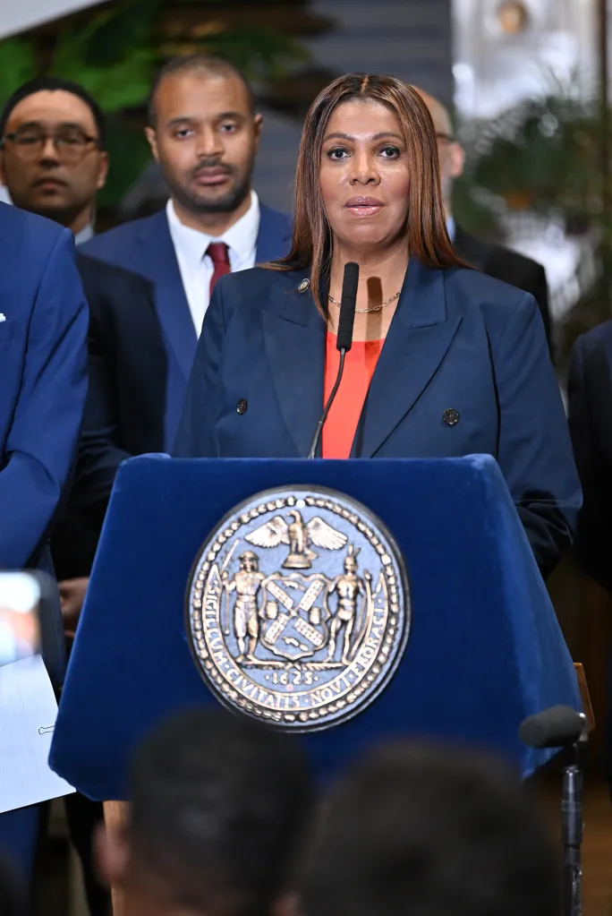 Attorney General Letitia James at a lectern.