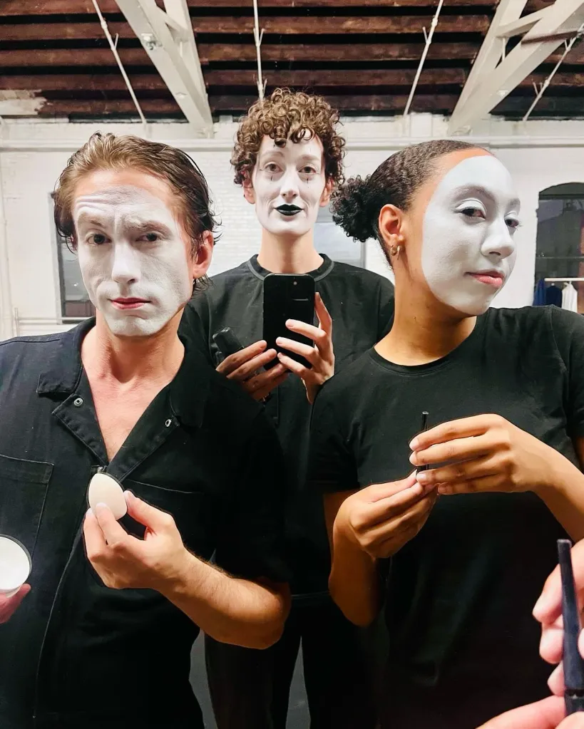 david jenkins as a mime posing with two other mimes