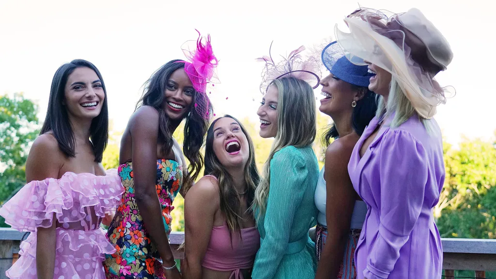Paige DeSorbo, Ciara Miller, Hannah Berner, Amanda Batula, Danielle Olivera, and Lindsay Hubbard laughing together.