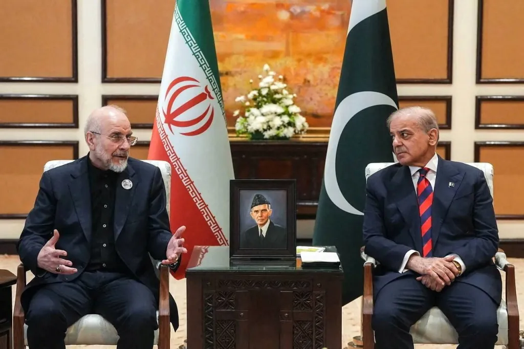 Pakistan's Prime Minister Shehbaz Sharif meets with Iranian Parliament Speaker Mohammad Bagher Ghalibaf in Islamabad.