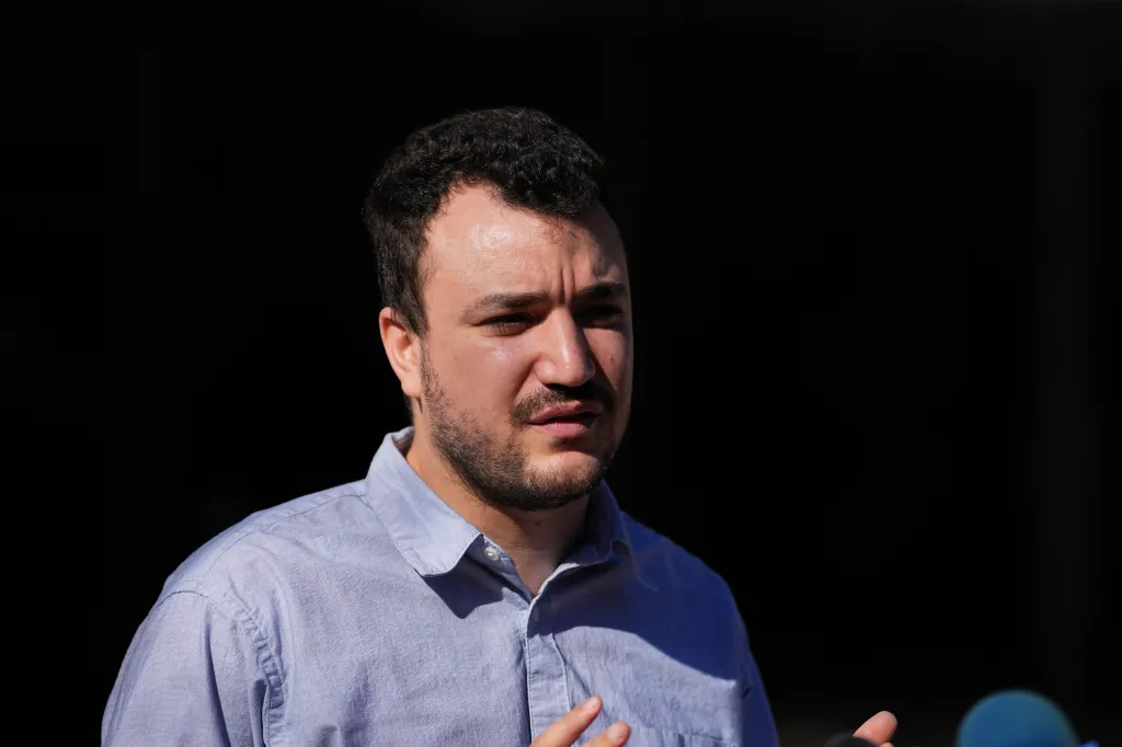 Mahmoud Khalil speaks at a news conference on Oct. 21, 2025.