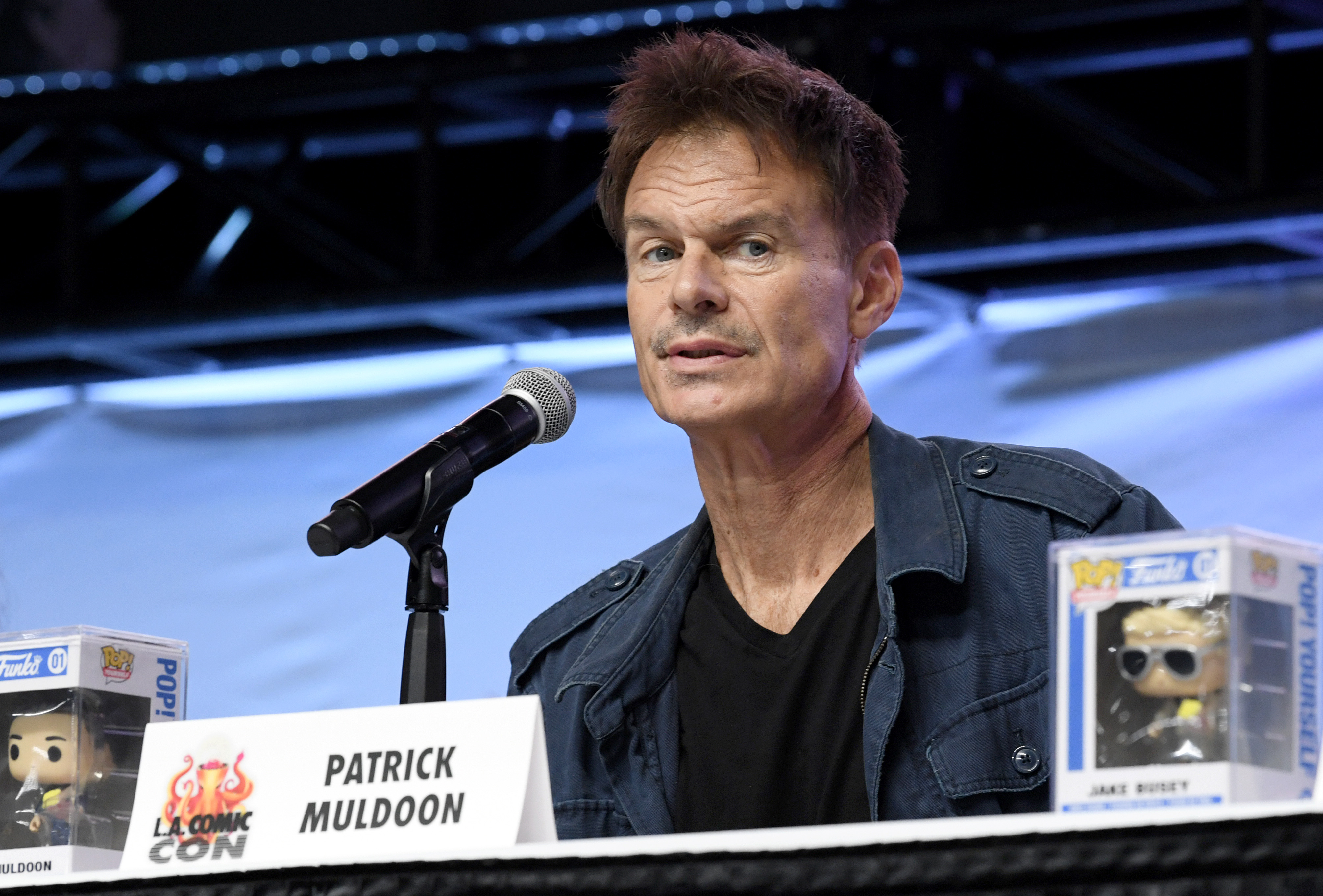 Patrick Muldoon speaking at the Starship Troopers cast panel during Los Angeles Comic Con.