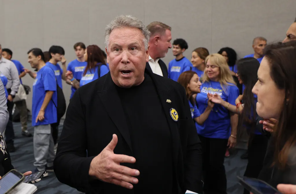 Stephen Cloobeck speaks to reporters about his candidacy for California Governor.