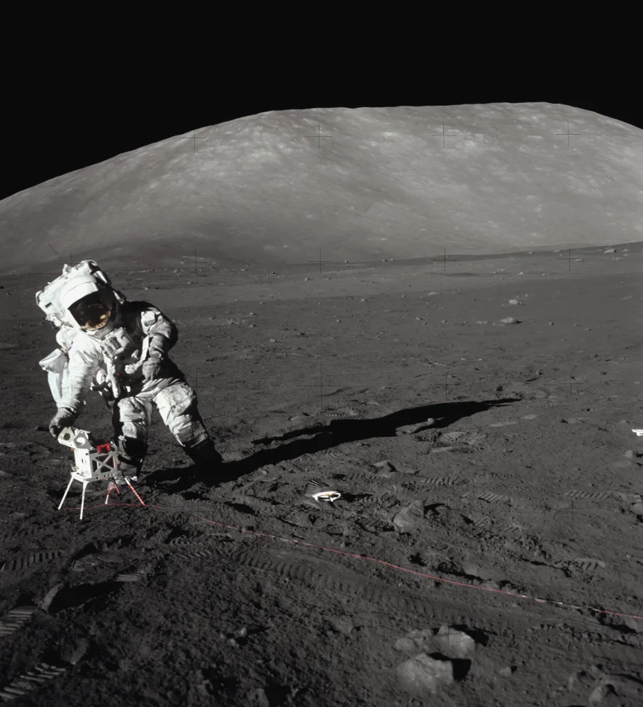 An astronaut from the Apollo 17 mission on the Moon in the Taurus-Littrow Valley.