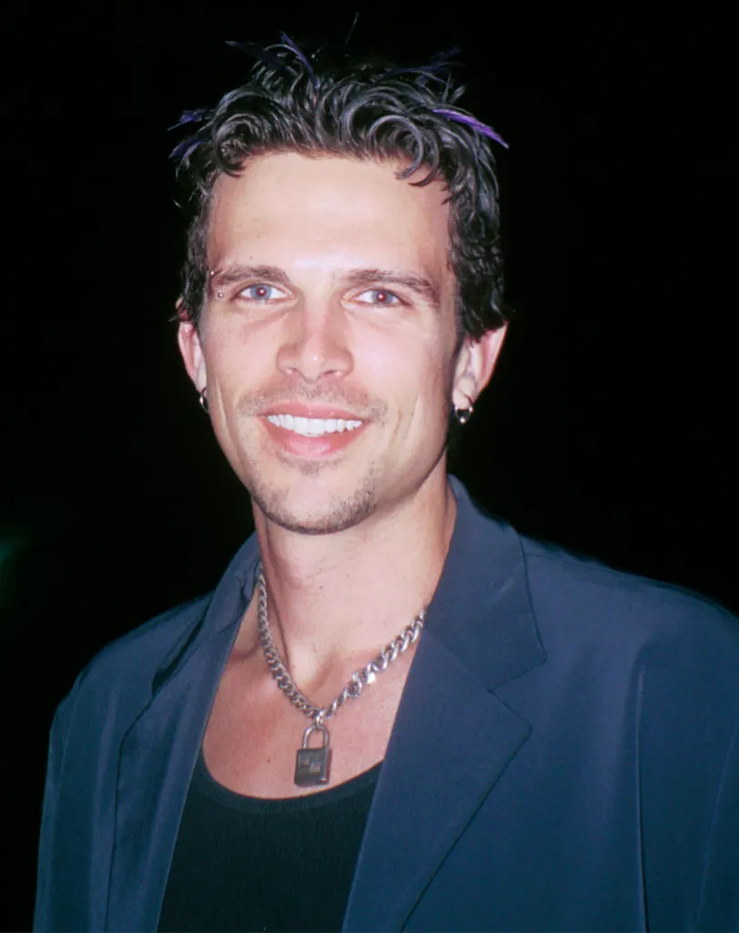 Actor Ashley Hamilton smiling, wearing a blue jacket, black shirt, and a chain necklace with a padlock.