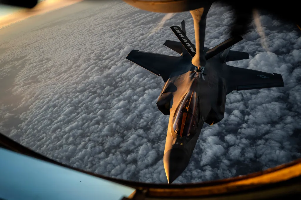 A US Air Force handout photo released by US Central Command public affairs shows a US Air Force KC-135 Stratotanker aircraft refuels a US Air Force F-35A Lightning II aircraft during Operation Epic Fury in the US Central Command area of responsibility on April 5, 2026.