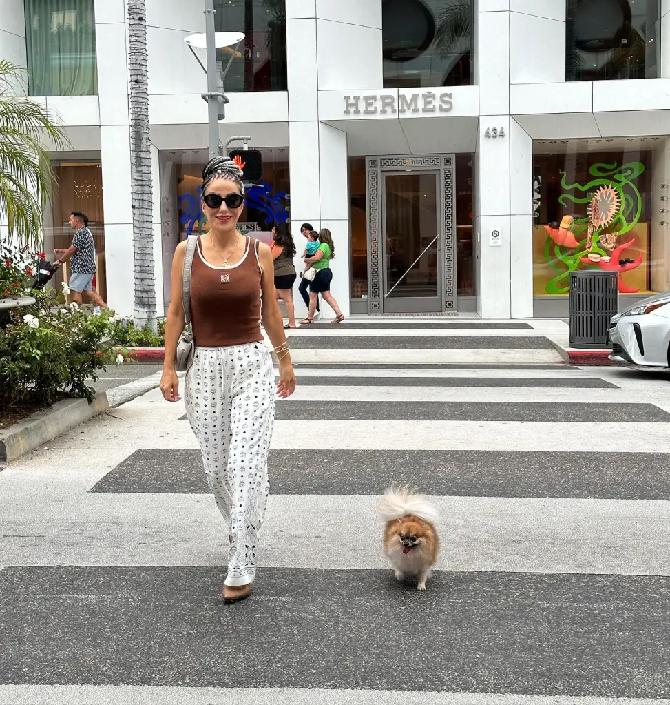 Hamideh Soleimani Afshar walking her dog across a crosswalk in front of a Hermès store.