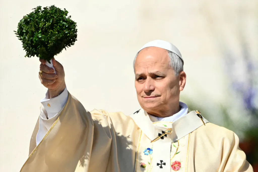 Pope Leo XIV blessing the crowd with a bouquet of greenery during Easter Mass.