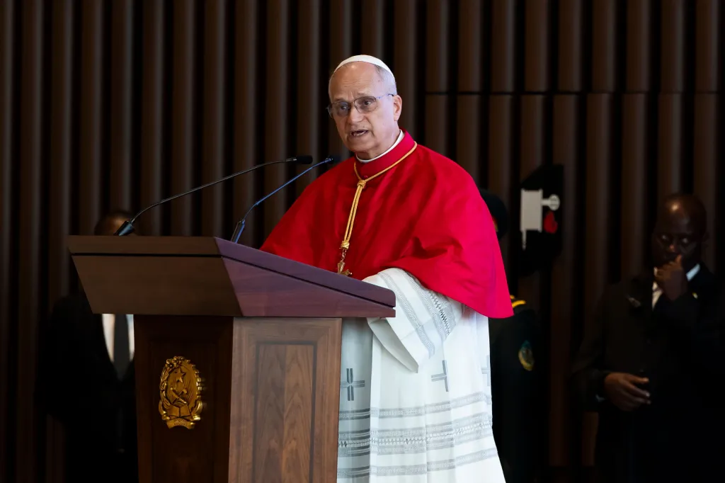 Pope Leo XIV speaks during a meeting with officials at the Presidential Palace in Luanda, Angola, on April 18, 2026.