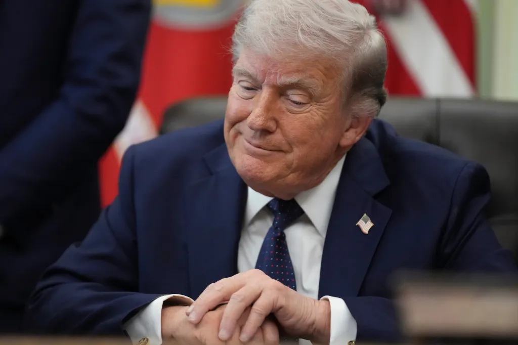 Donald Trump speaking during a meeting in the Oval Office.