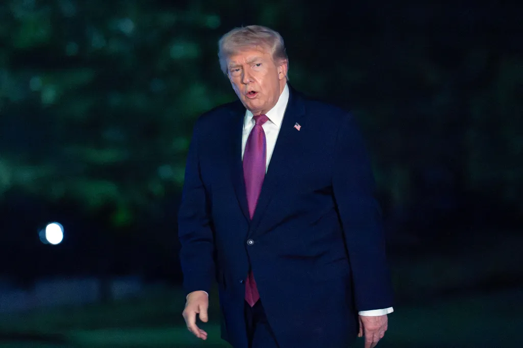 President Donald Trump walking on the South Lawn upon his arrival to the White House.