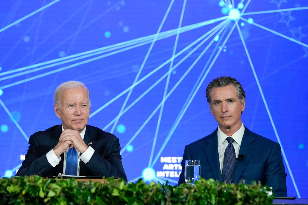 President Joe Biden and California Gov. Gavin Newsom at an event on managing risks of Artificial Intelligence.