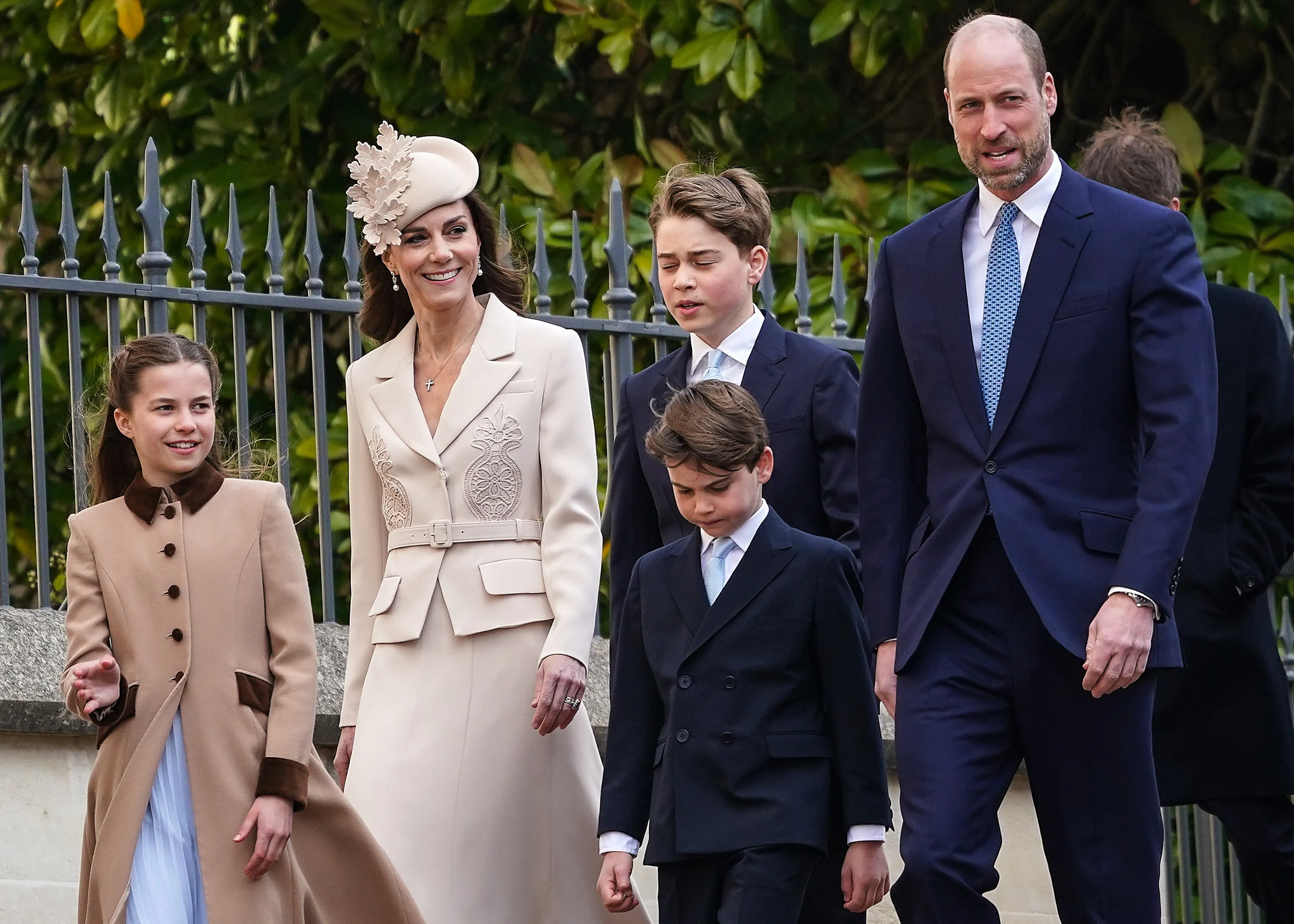 The Prince and Princess of Wales, William and Catherine, with their children Prince George, Princess Charlotte, and Prince Louis, attending the Easter Matins Service at St. George's Chapel.