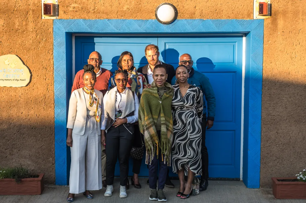 Prince Seeiso of Lesotho, Carmel Gaillard, Prince Harry, Duke of Sussex, Moraoetsi Rakuone, Ntoli Moletsane, Matseliso Mosoeu, K.T Montshiwa and Dr. Sophie Chandauka attend a welcome event at Sentebale’s Mamohato Children’s Centre.