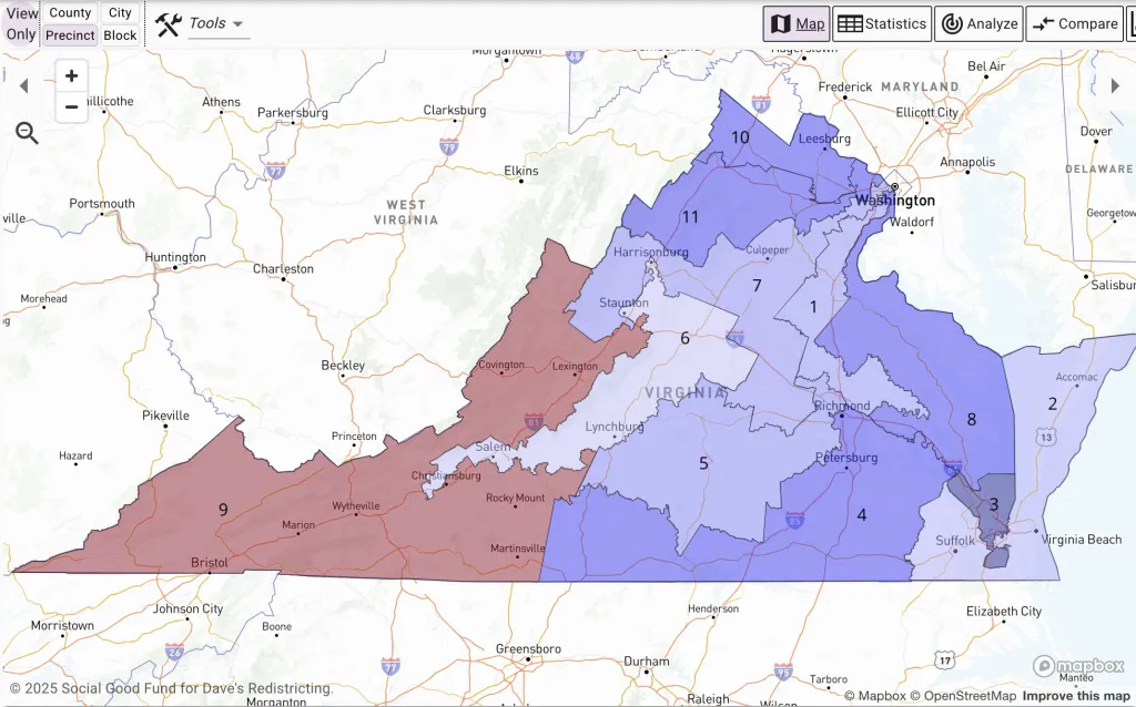 Illustration of proposed Virginia state congressional districts.