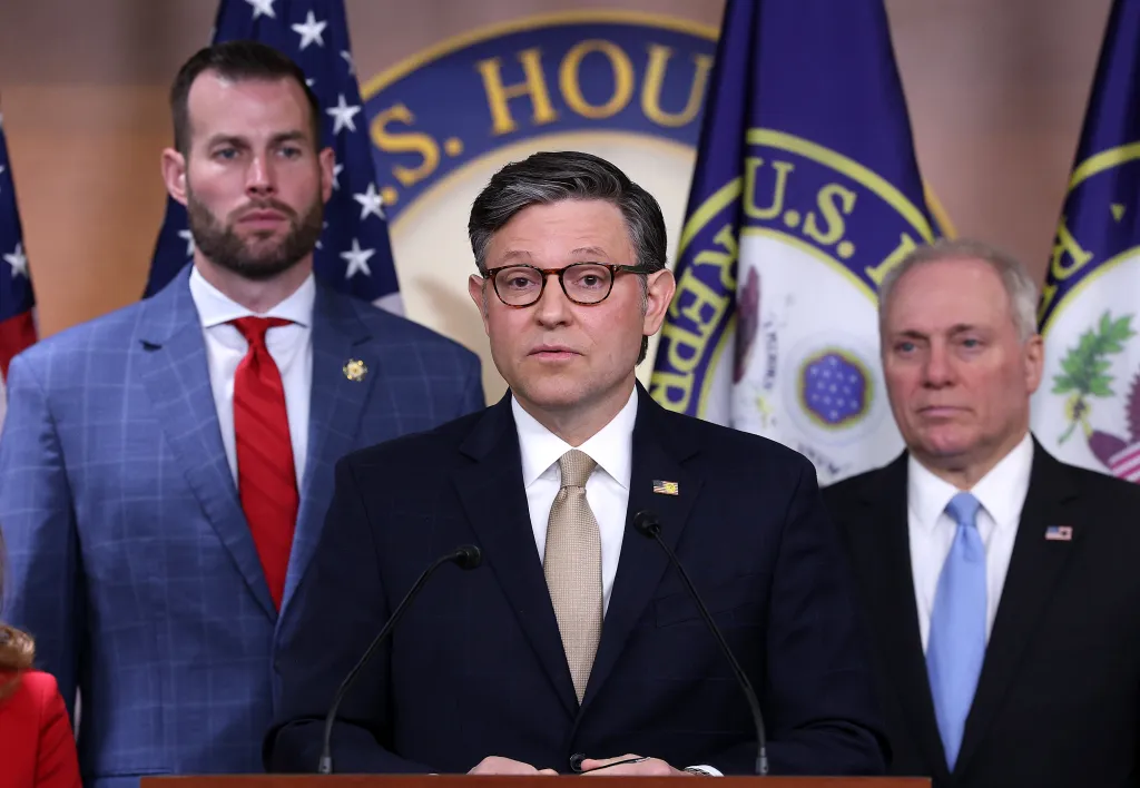 Speaker of the House Mike Johnson speaks alongside Rep. Clay Fuller and House Majoritu Leader Steve Scalise during a press conference on April 21, 2026.