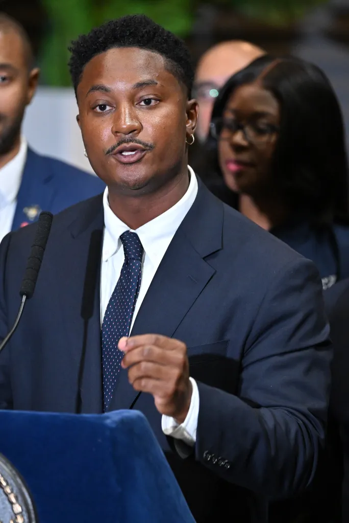 Councilmember Chi Ossé speaking at a news conference.