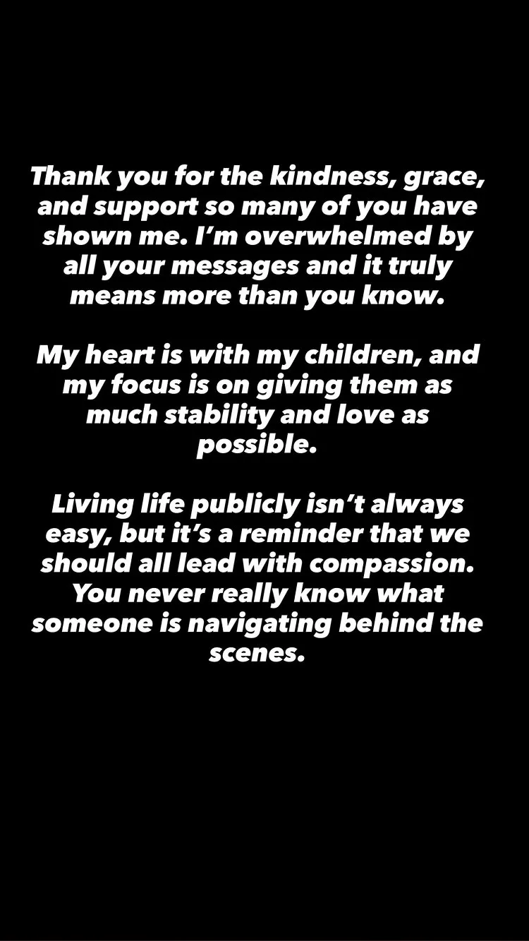 Text from Sai De Silva thanking supporters and discussing focusing on her children during her divorce.