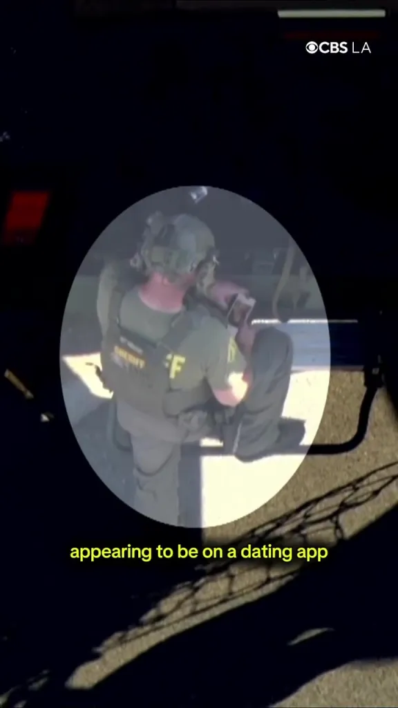 A Riverside County Sheriff's Office Special Enforcement Bureau member using a cell phone, appearing to be on a dating app, during a police chase and standoff.