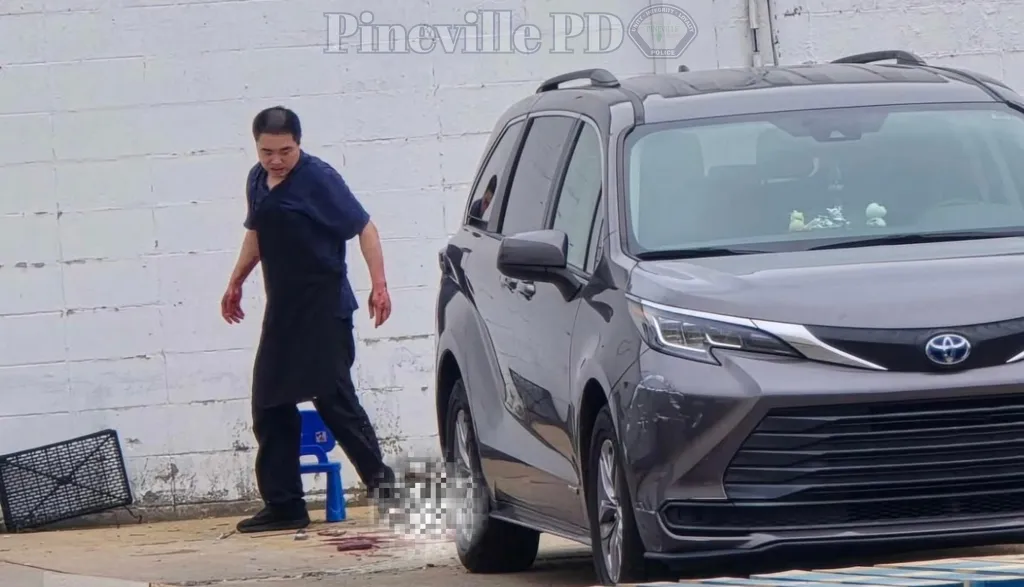 A man with blood on his hands and shirt walks next to a parked SUV with a pool of blood on the ground next to a blue stool.