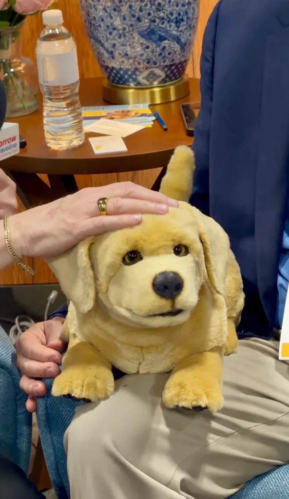 A person's hand pets a robotic golden retriever on another person's lap.