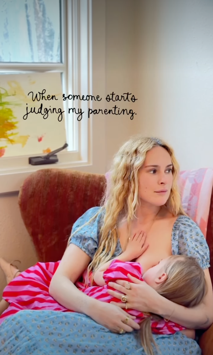 Rumer Willis breastfeeding her baby, with text overlay 