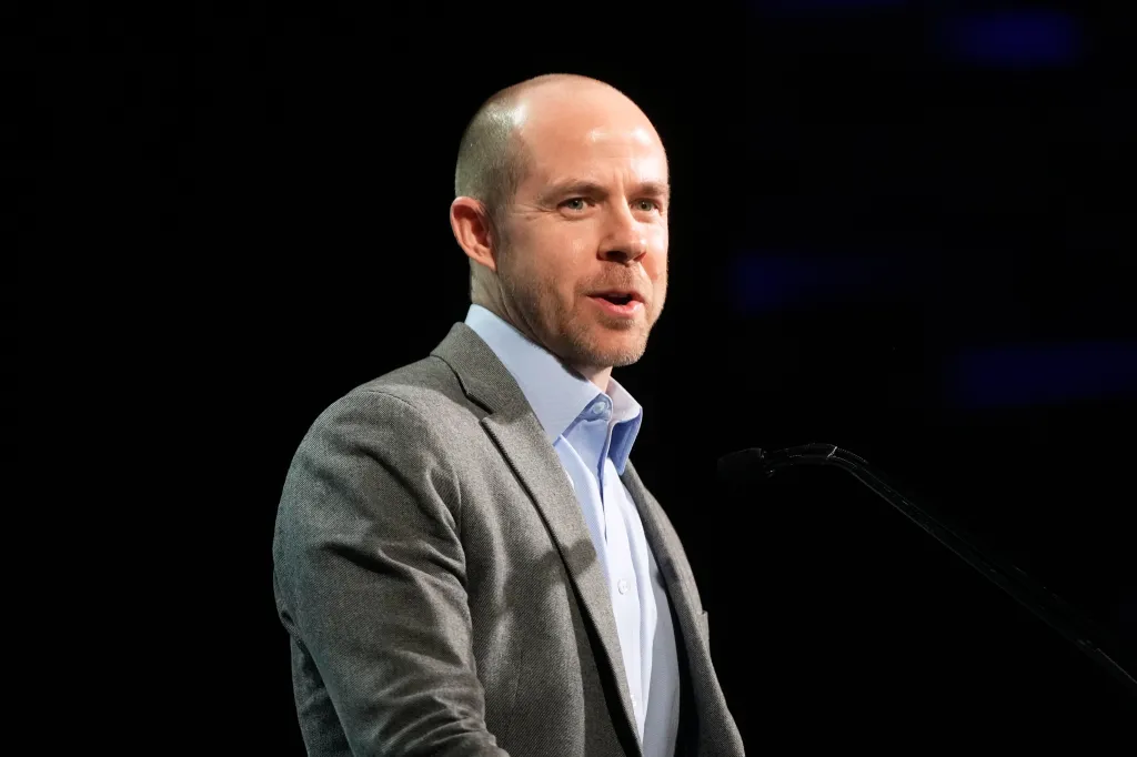 Rusty Hicks speaking at the 2026 California Democratic Party State Convention.