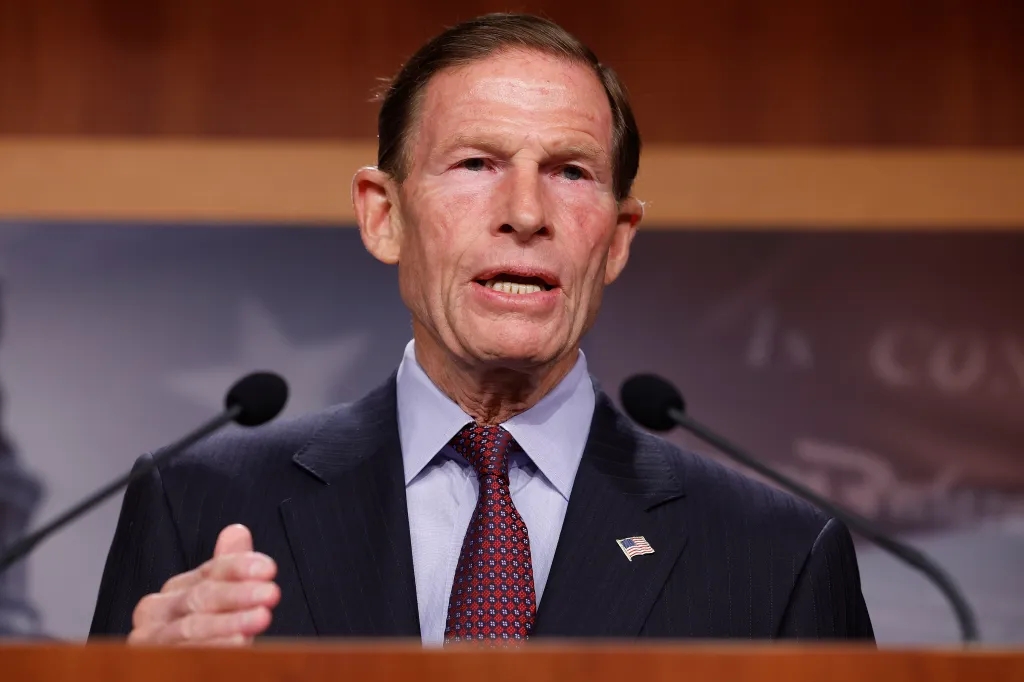 Senator Richard Blumenthal speaking at a press conference about his legislation to halt US arms sales to Saudi Arabia.