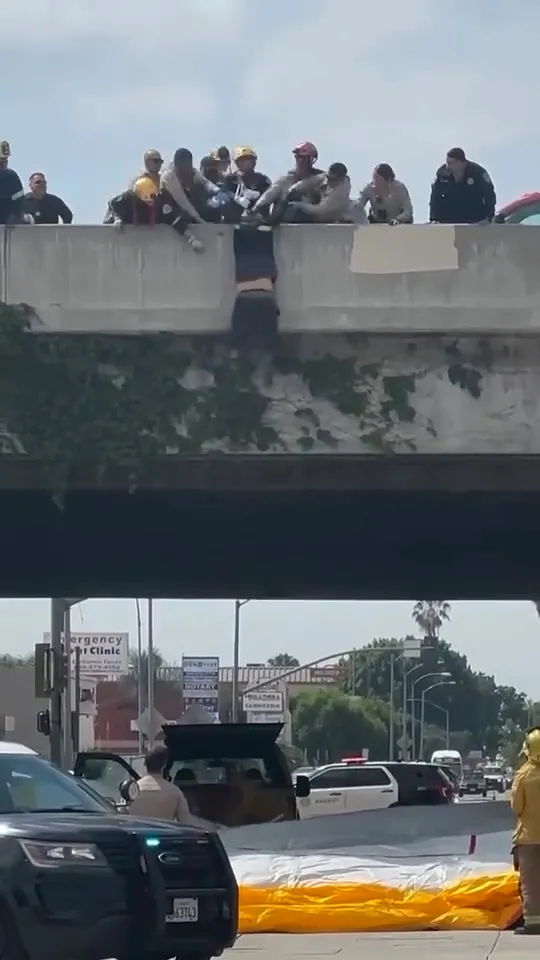 Emergency responders save a man from jumping off a freeway overpass, with a rescue airbag visible below.