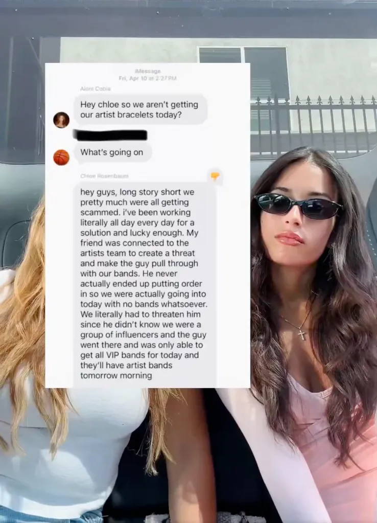 A collage of two women and an iMessage conversation about Coachella ticket scamming.