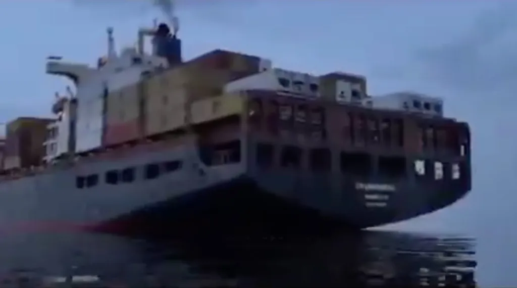 Screen capture from video showing the container ship Epaminondas.