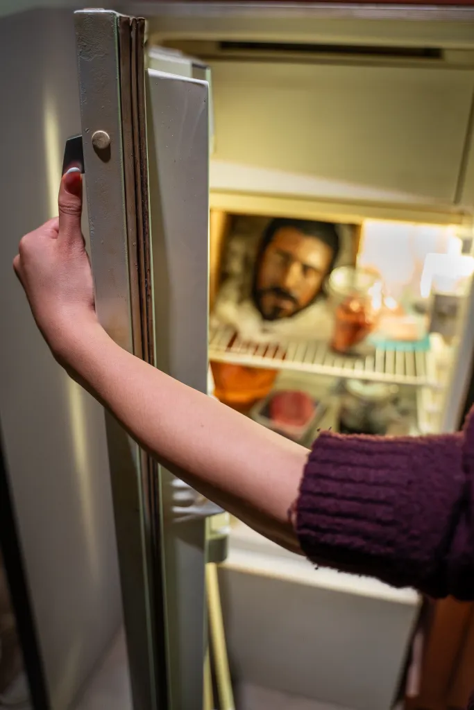 A person opening a refrigerator to reveal a blurred man's face inside.