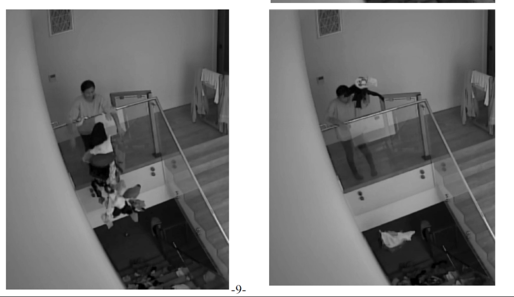 Collage of two black and white surveillance images showing a person pushing a laundry basket down the stairs, and a person carrying a pile of clothes.