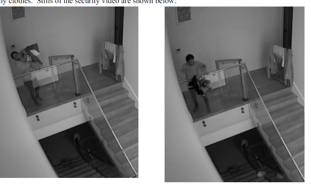 Collage of two grayscale security camera stills showing a man handling clothes at the top of a staircase.
