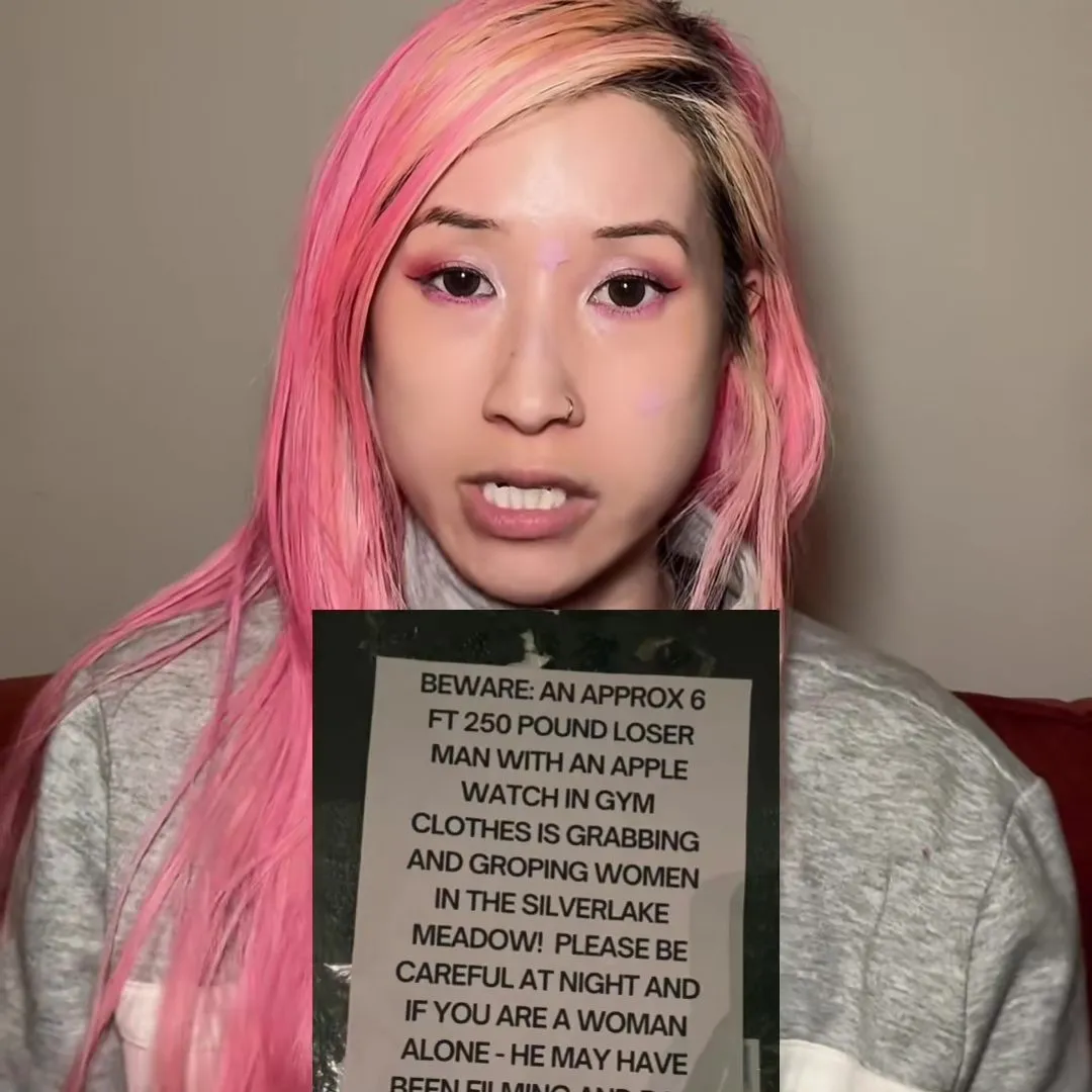 A woman with pink hair and a public service announcement about a man attacking women at Silverlake Reservoir.