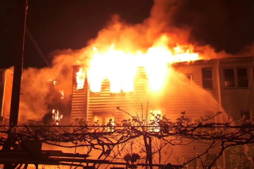 A residential building engulfed in flames, with firefighters spraying water from the right.
