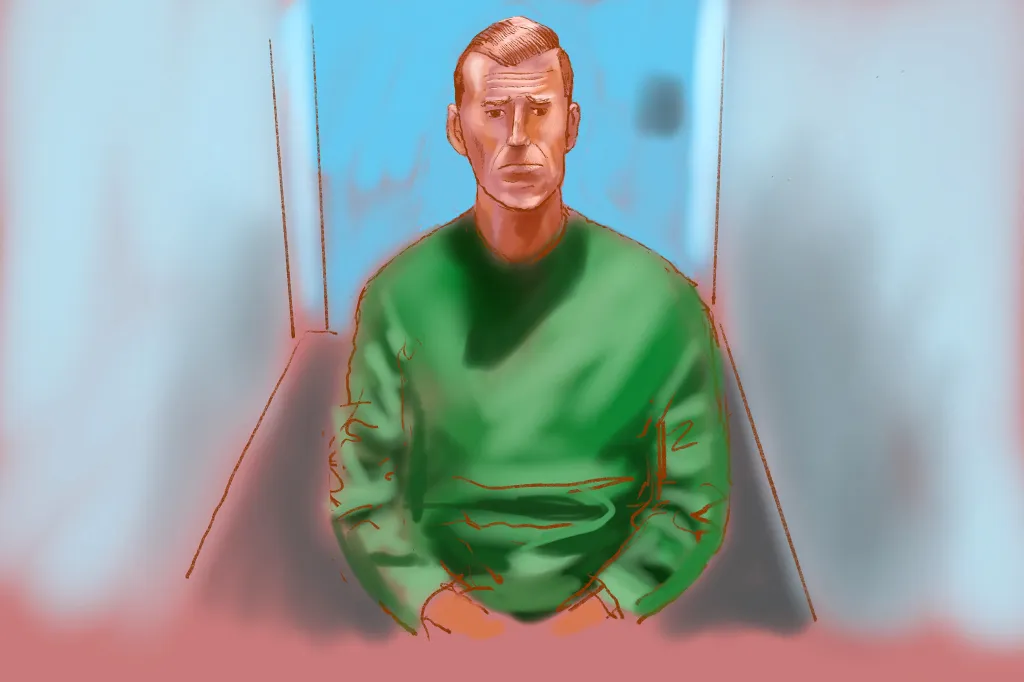 An court-room sketch of Ben Roberts-Smith appearing virtually for a court hearing in Sydney, Australia, on April 17, 2026.