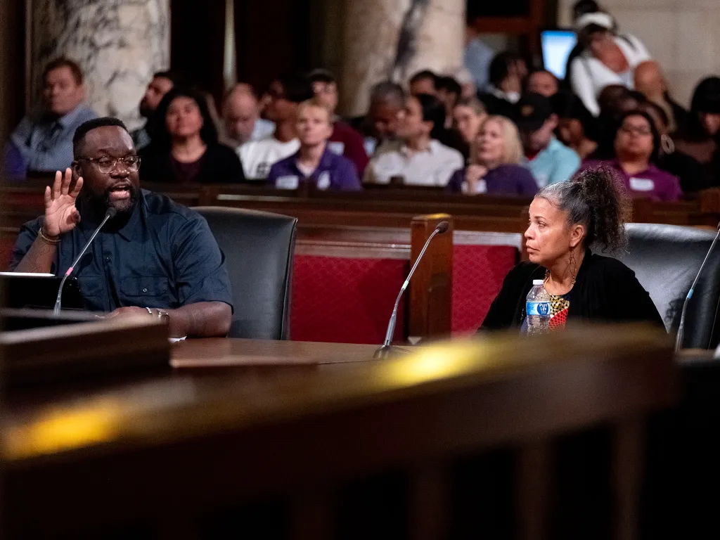 Dr. Molina Abdullah and Dr. David Turner speak to the budget and finance committee at City Hall in Downtown Los Angeles.