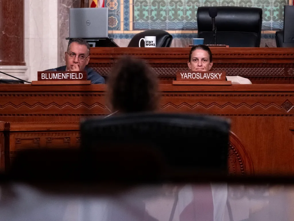 Councilmember Bob Blumenfield and Councilmember Katy Yaroslavsky at a budget and finance committee meeting in Los Angeles City Hall.